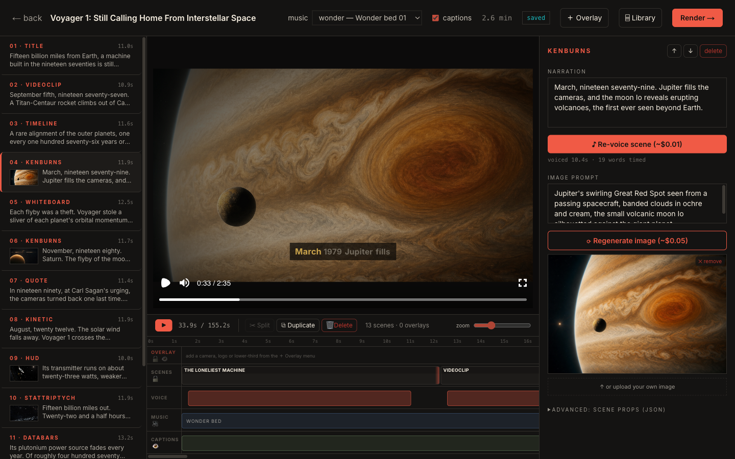 Current Veedyoo editor showing the Voyager 1 scene list, Jupiter preview, narration inspector, and multi-track timeline.