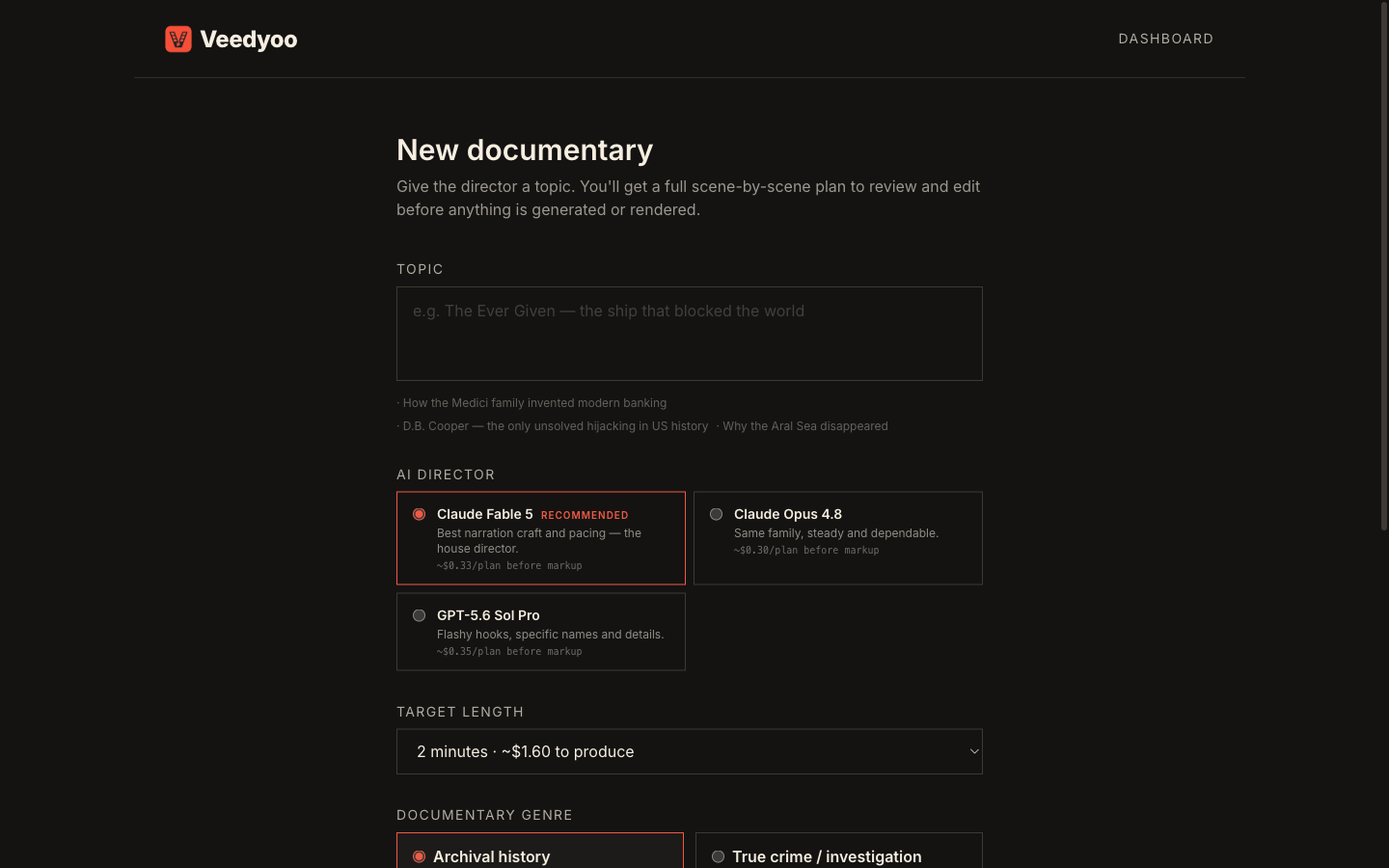 Current Veedyoo new-documentary screen with topic, AI director, target length, and documentary genre controls.